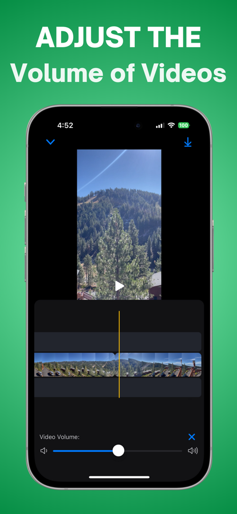 Compress Videos: Free Up Space - Interface do iPhone mostrando o recurso de ajuste de volume de vídeo no aplicativo TinyVid