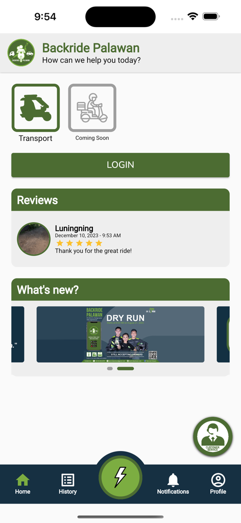 La pantalla de inicio de la aplicación Backride Pinas que muestra servicios de transporte y reseñas.
