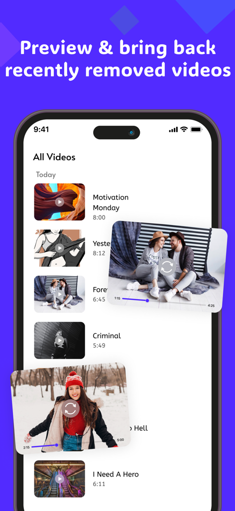 Deleted Photo Recovery. - Interface of the video recovery app showing a list of recently deleted videos and playback previews