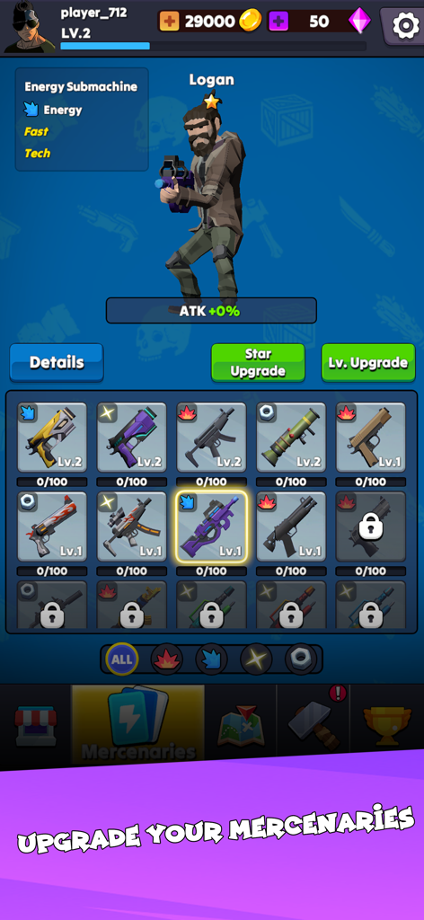 Idle Zombie Wave: Survival TD - Character Logan and mercenary weapon upgrade interface in Idle Zombie Wave Survival TD