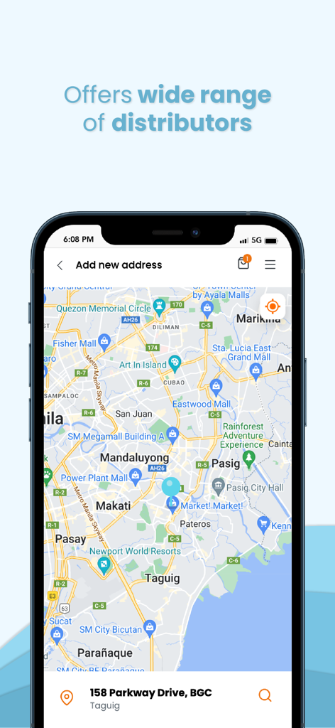 Water Delivery Philippines - Interface de mapa do aplicativo Water Delivery Philippines mostrando uma ampla gama de distribuidores de água em Metro Manila.