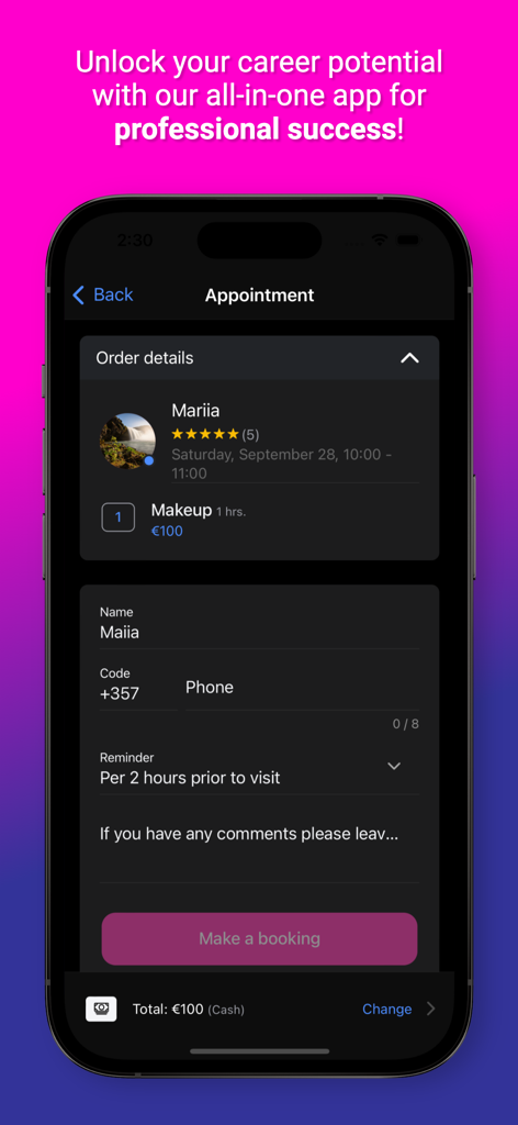 Hey Beauty app screenshot showing an appointment booking screen for a makeup service with professional order details and a make a booking button