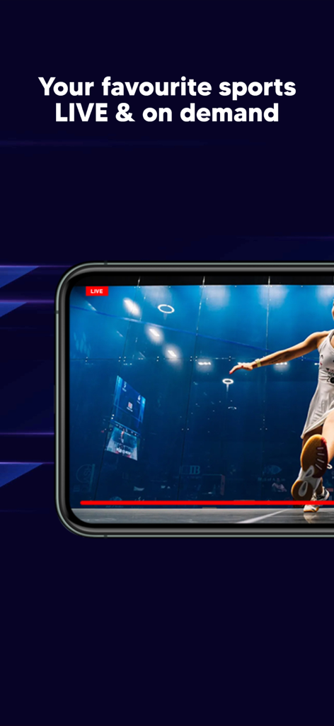 Sportall - Sportall app interface on a smartphone showing a live sports match and the text Your favourite sports LIVE and on demand