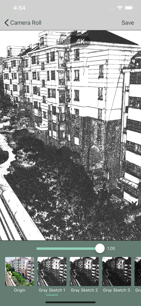 Photo to Sketch Drawing Maker - 建物の写真を高解像度の鉛筆スケッチに変換するモバイルアプリのインターフェース