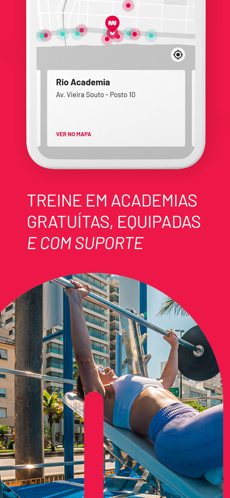 Mude - Fitness e Yoga - Mude app screen displaying outdoor gym locations on a map above a woman training at an outdoor fitness station