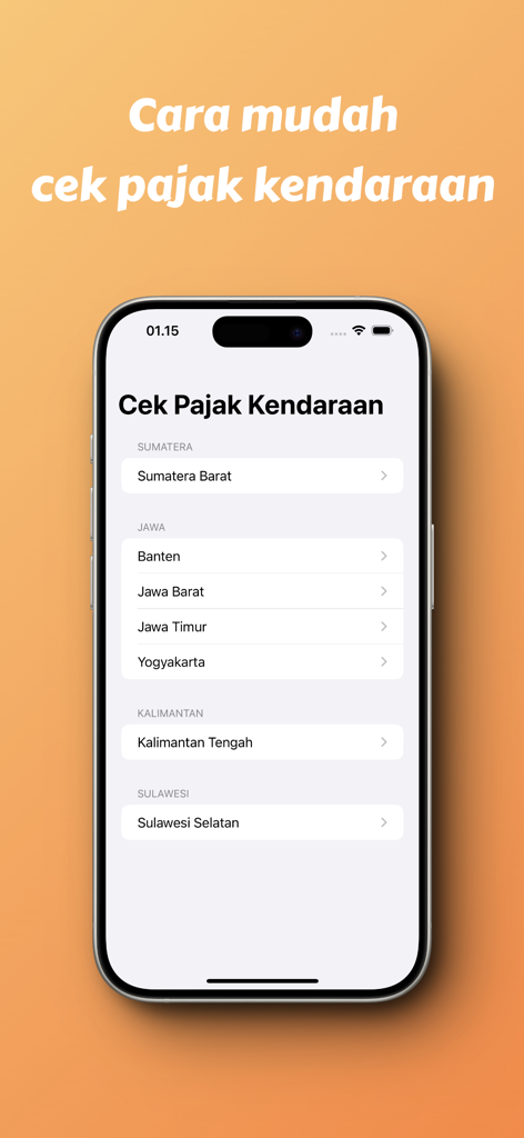 Mobile screen display of the Cek Ranmor app showing regional selection for vehicle tax checks in Indonesia