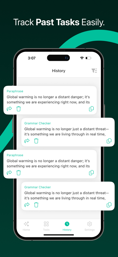 패러프레이징 및 문법 검사 작업 기록을 표시하는 아이폰 화면