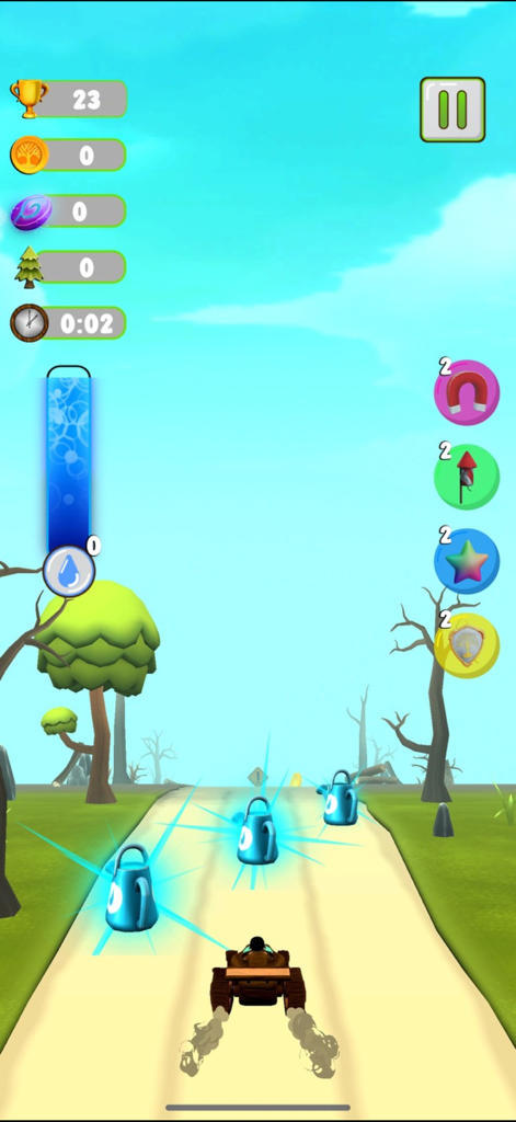Speed For Trees - Gameplay screen of Speed For Trees showing a car collecting watering cans to plant trees