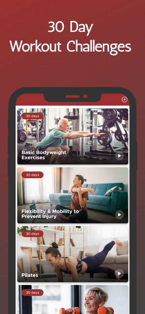 Interfaz de una aplicación móvil que muestra desafíos de fitness de 30 días para personas mayores, incluyendo ejercicios de peso corporal y flexibilidad.