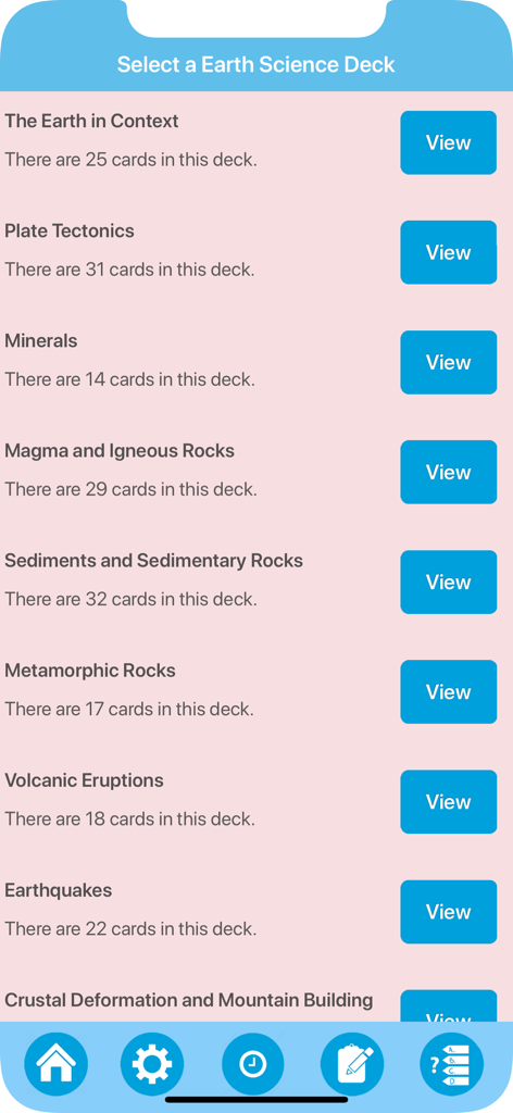 A menu showing different earth science flashcard decks like plate tectonics and minerals