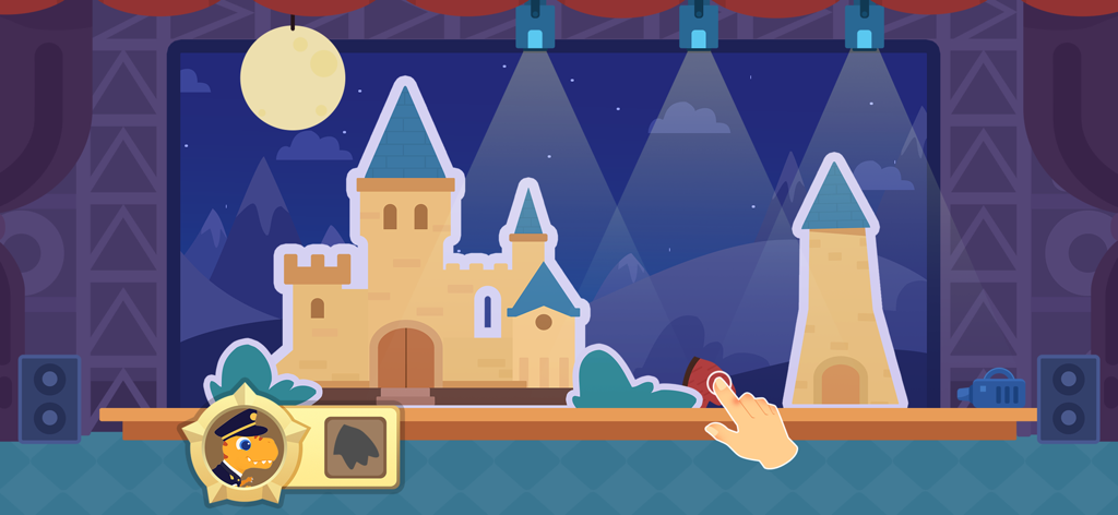 恐竜ポリスゲーム子供向けで、劇場ステージを捜査して手がかりを見つける探偵ティラノサウルス