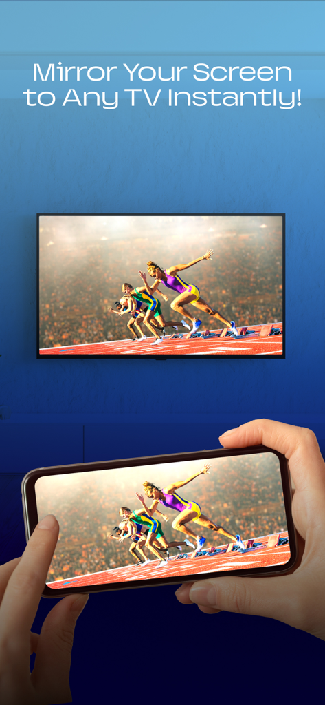 A person using an iPhone to mirror a sports video onto a large smart TV screen