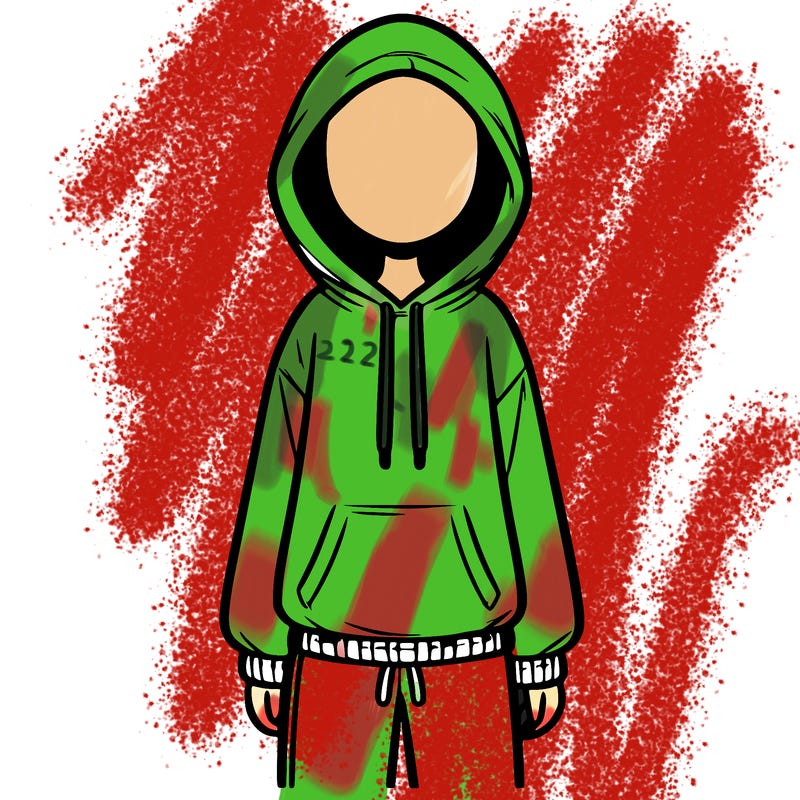 faceless girl in a tracksuit with a hood on and no hair