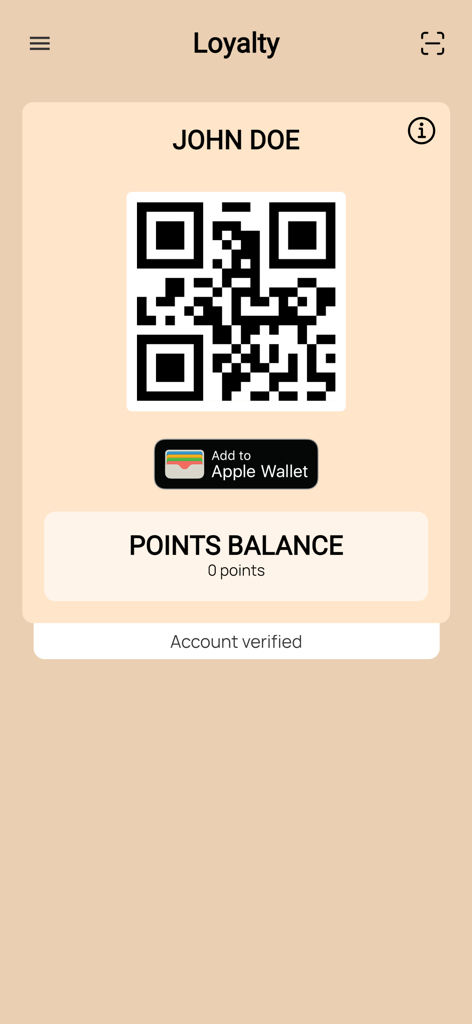 Restaurant Rewards by DRG - Loyalty screen of the Restaurant Rewards by DRG app displaying a user QR code and points balance