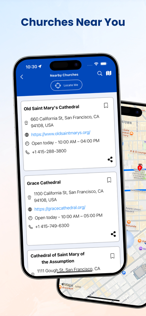 Screen of the NIV Bible app displaying nearby churches with addresses and contact details
