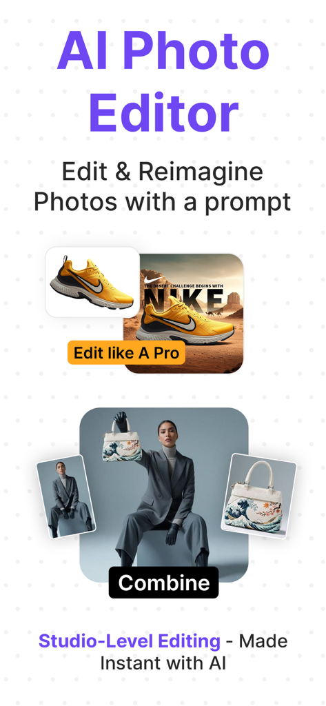 AI Photo Editor & Image Art - Banofi AI Photo Editor app interface demonstrating studio level photo editing and image reimagining tools