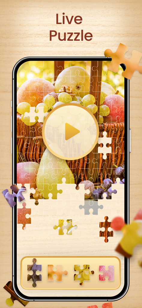 Jigsaw Puzzle HD - Brain Games - Um jogo de quebra-cabeça animado mostrando uma cesta de frutas sendo montada em uma tela de smartphone.