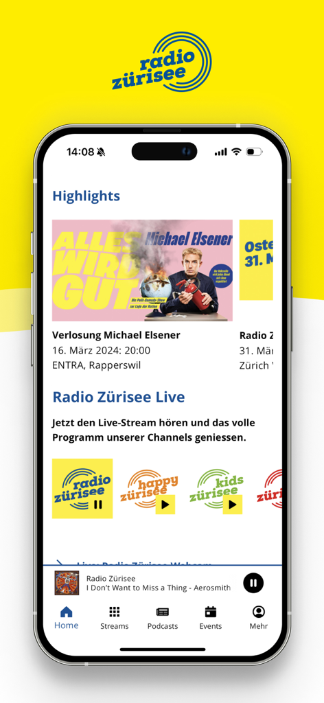 Radio Zürisee - Pantalla de inicio de la aplicación móvil Radio Zuerisee mostrando eventos destacados y canales de radio en vivo