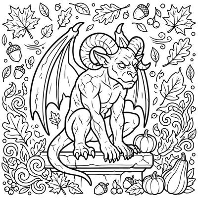 Dive into the magic of fall with this unique coloring page featuring a powerful horned gargoyle. This intricate design blends fantasy and the beauty of autumn for a truly captivating coloring experience.