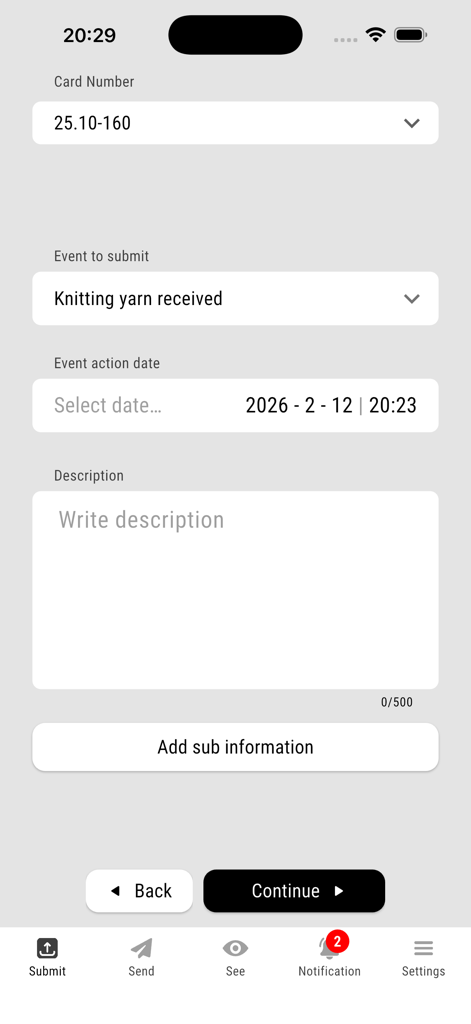 Formular zur Einreichung von Lieferkettenereignissen in der Obortech Smart Hub App