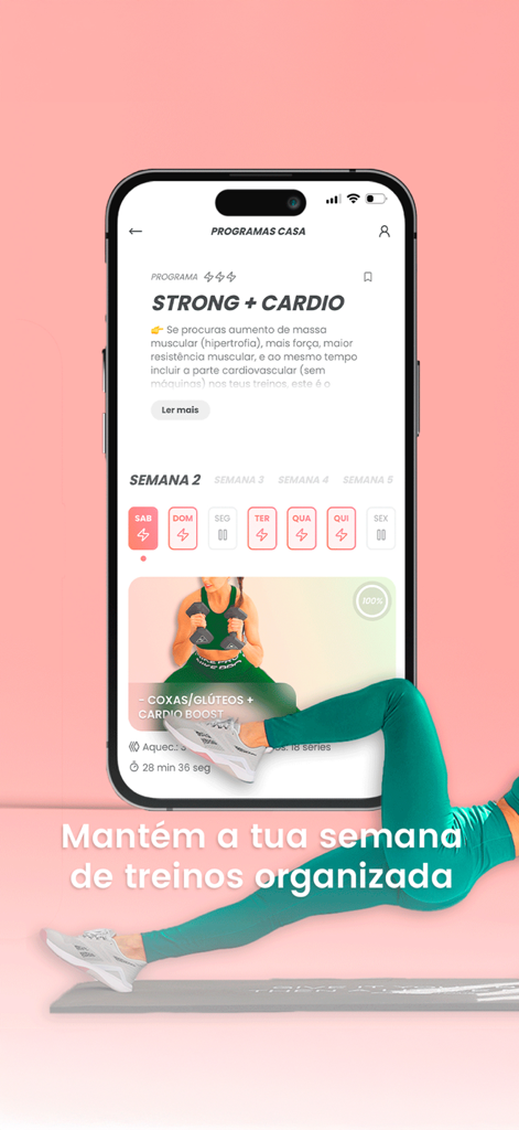 Boost Plan by Raquel Antunes - Interface of the Boost Plan fitness app showing a weekly workout schedule for a strong and cardio home program