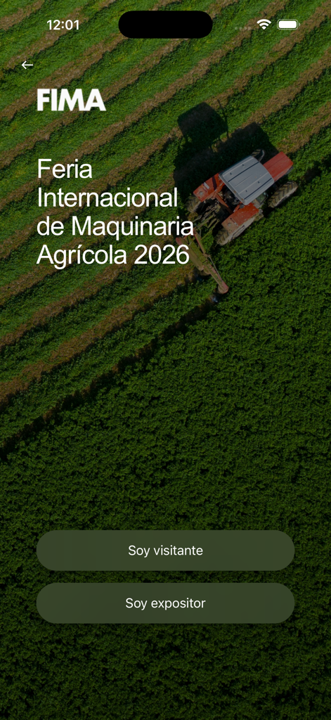 Tela inicial do aplicativo FIMA Agricola 2026 com opções de login para visitantes e expositores sobre um fundo de campo agrícola aéreo.
