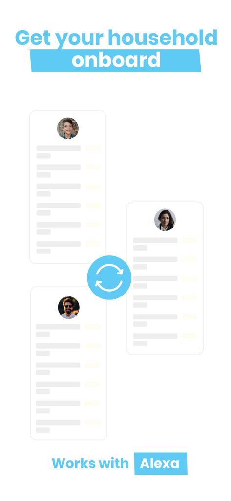Nipto app interface showing synchronization between household members and Alexa integration