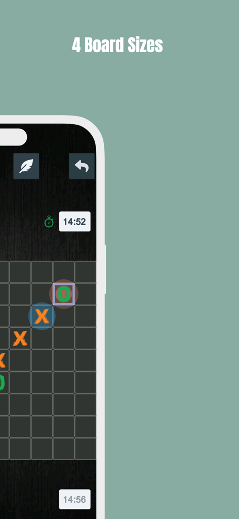 > Tic Tac Toe - Gameplay screenshot of Tic Tac Toe Five in a Row showing different board sizes and game timer interface