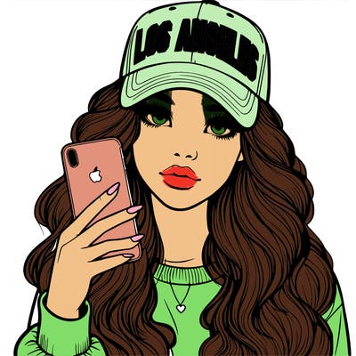 realistic beautiful girl wearing los ángeles cap holding an iphone