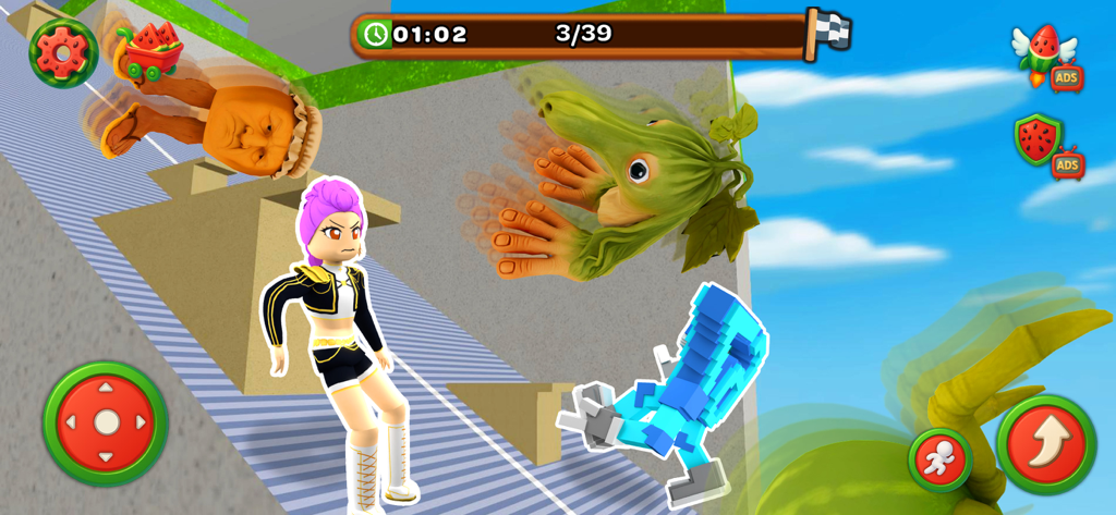 Watermelon World Challenge - Gameplay screenshot of Watermelon World Challenge showing characters with viral skins on a 3D obstacle course