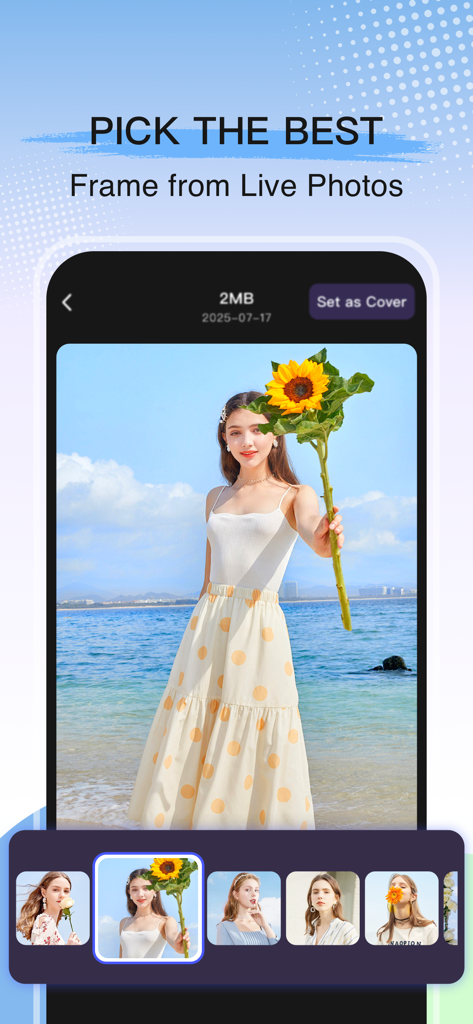 A mobile interface showing a feature to pick the best frame from live photos to save storage space.