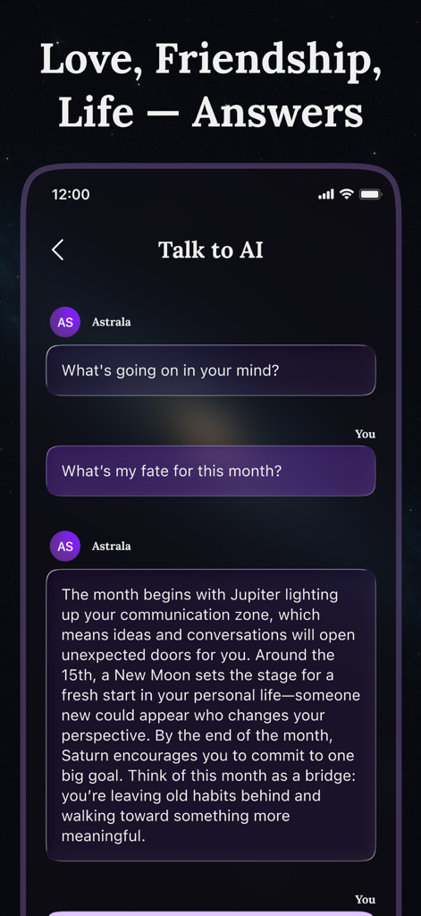 Soulmate Drawing – Astrala - A chat interface within the Astrala app where an AI provides a detailed monthly astrological reading.
