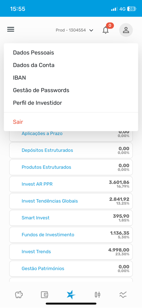 User settings menu and investment portfolio summary in the Banco Invest Homebanking app