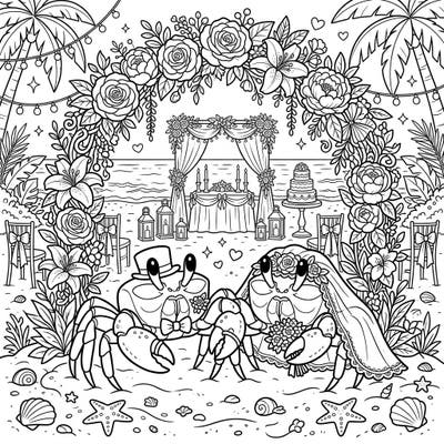 Experience a truly unique celebration with this enchanting ghost crab wedding coloring page, set against a romantic beach backdrop. Adorn this dapper crab couple and their intricate seaside ceremony with your most imaginative colors.