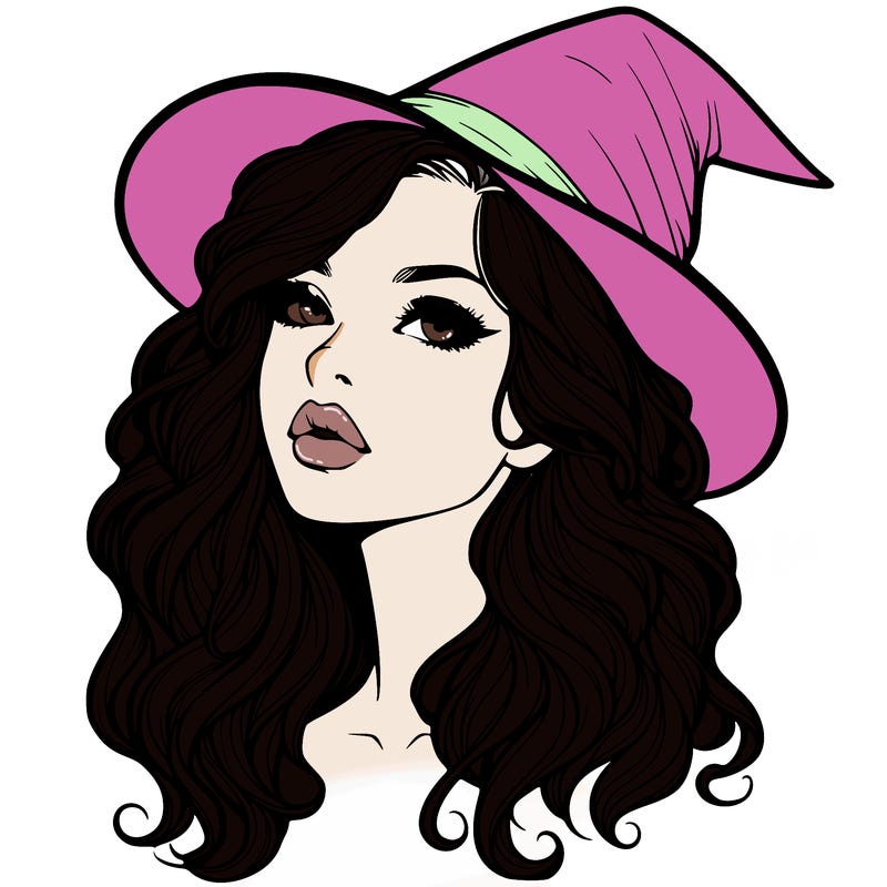 realistic witch girl with wavy hair and lips