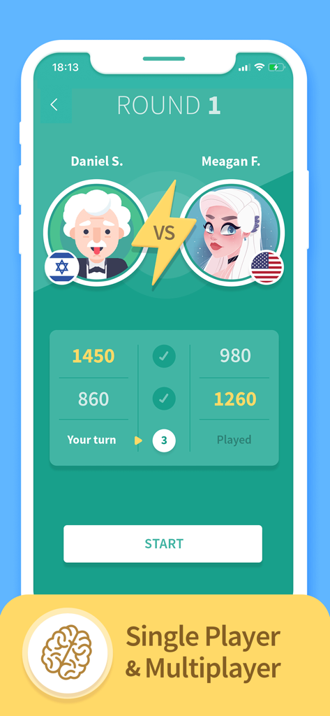 Ein Bildschirm der TRIVIA 360 App, der ein direktes Multiplayer-Duell zwischen zwei Spielern mit Punktestand-Anzeige und einem Start-Button zeigt
