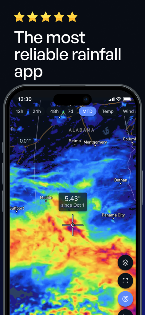 Precip - Rain, Snow & Weather - Interfaz de la aplicación Precip que muestra un mapa codificado por colores con totales de lluvia de Mes hasta la fecha sobre Alabama.