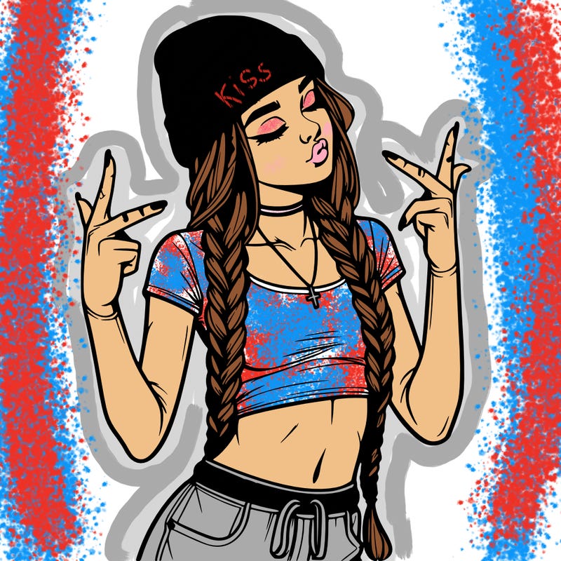 realistic teenage girl with braids and a beanie and crop top doing 🫶🏼