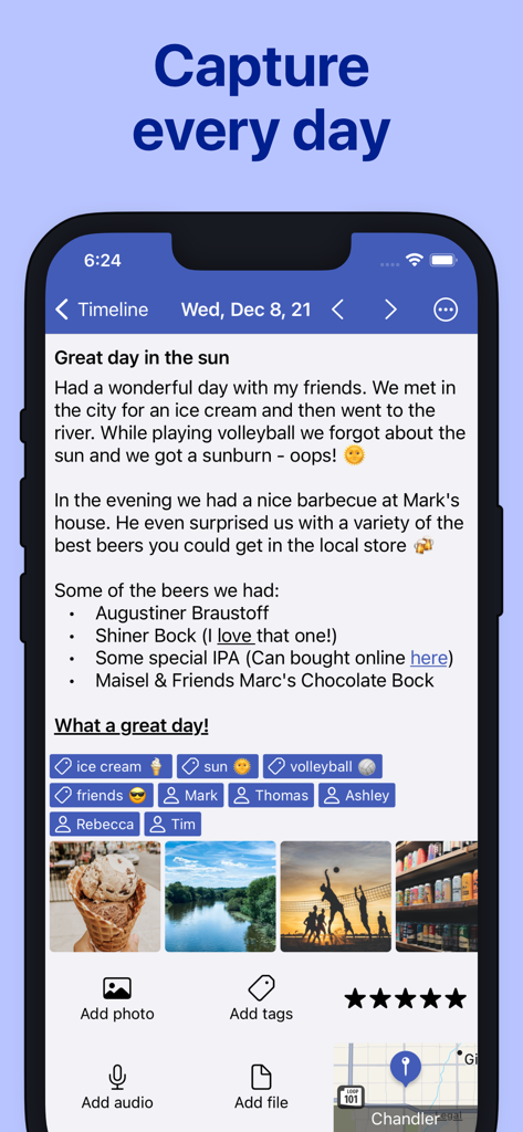 Diarium Journal: Private Diary - Screenshot of Diarium Journal showing a daily entry with text formatting tags photos and a map location