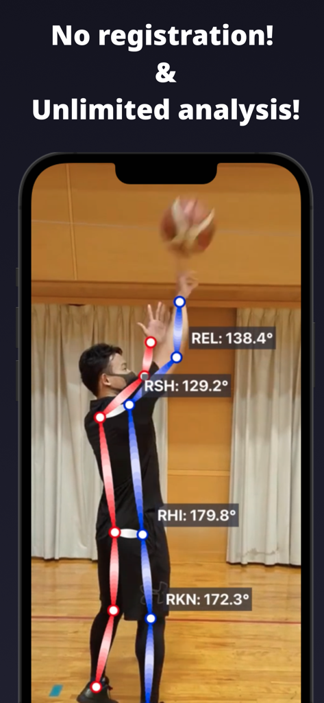 Pose & Angle - Basketball shooting form analysis with joint angle skeleton overlay