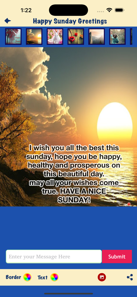 Mobile interface for creating custom Happy Sunday greeting cards with a sunset background and text editor.