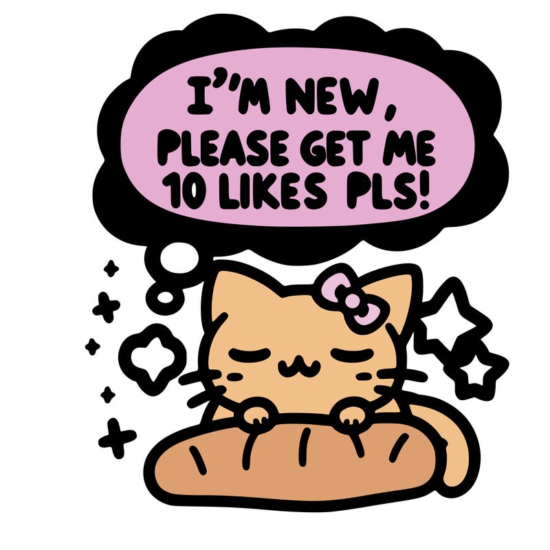 kitty taking a nap dream talking and saying "i'm new, please get me at least 10 likes pls!!"