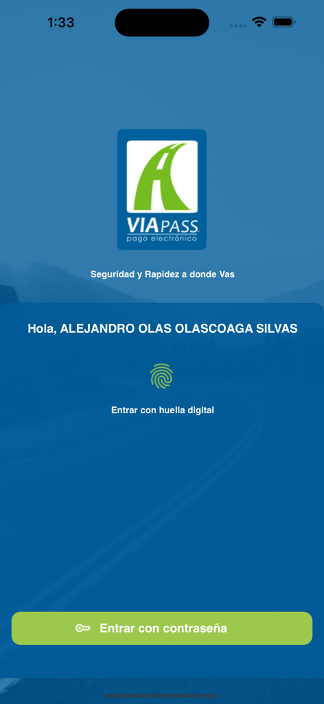 Viapass Telepeaje - Viapass Telepeaje app login screen showing fingerprint and password authentication options