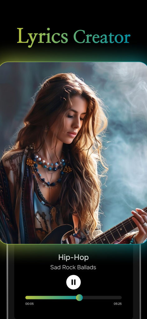 AI Lyrics & Song Generator - Interfaz del reproductor de música de la aplicación Generador de Letras y Canciones con IA con una balada de rock triste