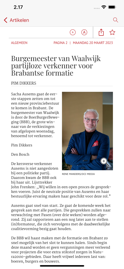 BD - Digitale krant - View of a news article about local Brabant politics in the BD digital newspaper app interface