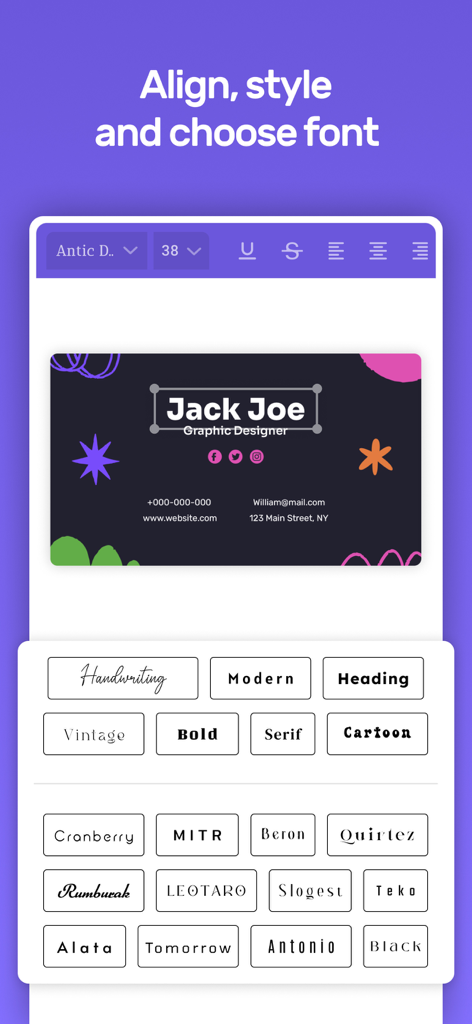 Business Card Design Maker - Mobile App-Oberfläche zur Auswahl von Schriftarten und zur Gestaltung von Text auf einer Visitenkarte