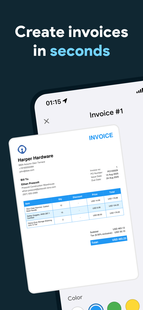 Invoice Maker: Bill & Receipt - Tela do aplicativo móvel mostrando uma fatura profissional para Harper Hardware com o título Crie faturas em segundos
