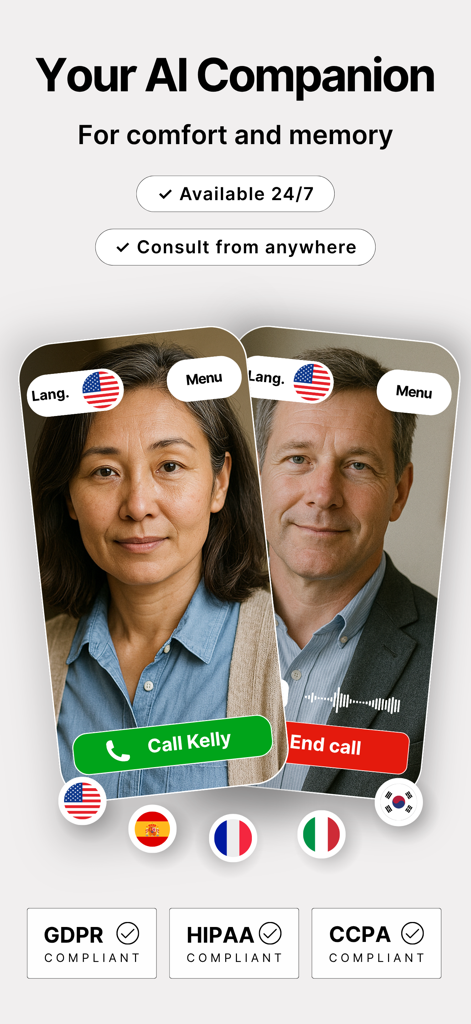 Amigo - Your AI Coach - Amigo AI companion app for seniors showing voice call interface and privacy compliance badges