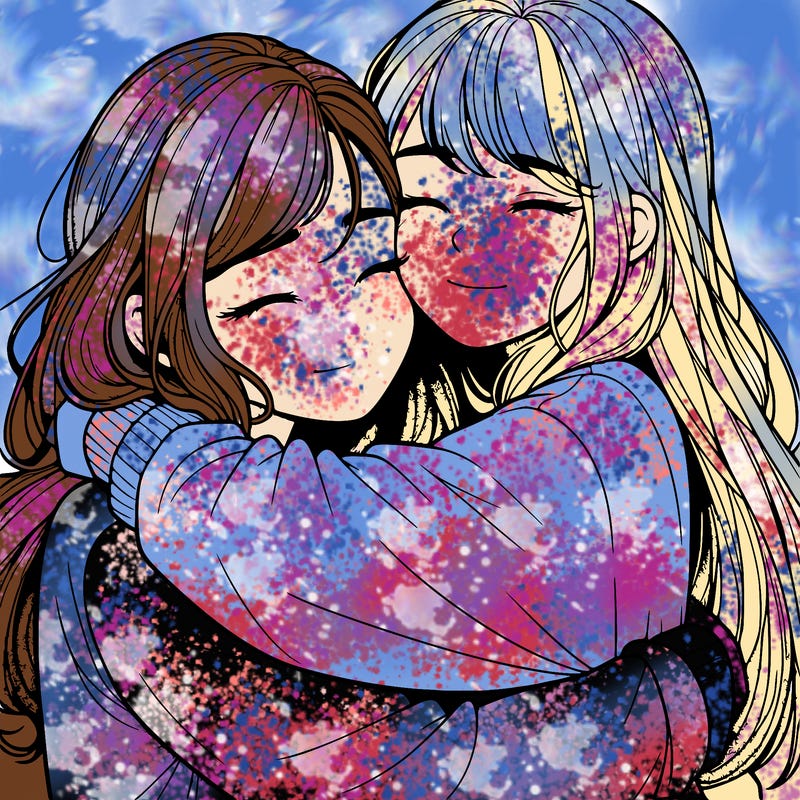 realistic two girls hugging