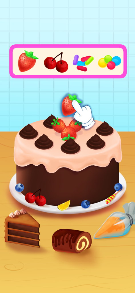 Donut Maker Games for Kids 4-5 - A child decorating a chocolate cake with strawberries in a kids cooking game